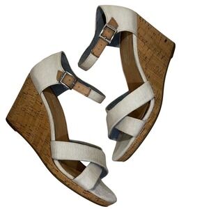 TOMS Womens Cork Wedge Sandals Cream Canvas Ankle Strap Size 8